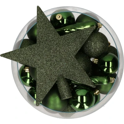 Afbeelding van Bellatio Decorations set 33x stuks kunststof kerstballen met ster piek donkergroen Kerstbal