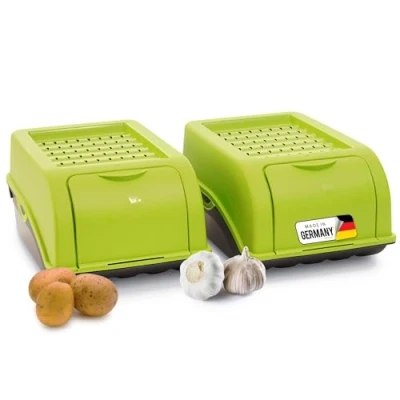 Afbeelding van Novaliv Aardappelopbergdoos, 2 x klein, 3,5 l, groen, uienbox, groentebox, stapelbaar, aardappelbox, uienopslag, aardappelmand, fruitcontainer, aardappelkist, vershouddoos wortelen