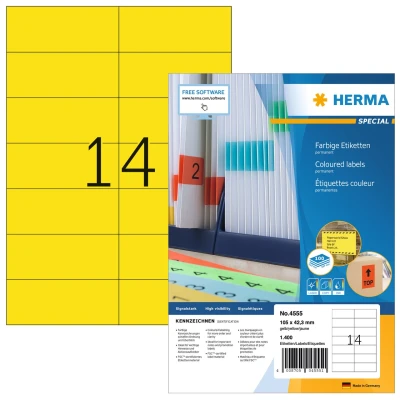 Afbeelding van HERMA 4555 Gekleurde etiketten A4 (105 x 42,3 mm, 100 velles, papier, mat) zelfklevend, bedrukbaar, permanent Kleurige etiketten, 1.400 voor printer, geel