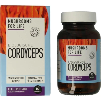 Afbeelding van MushroomsForLife Biologische Cordyceps Paddenstoel Capsules 60 stuks vegan vega gecertificeerd
