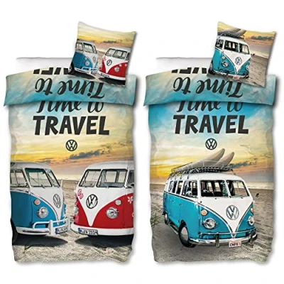 Afbeelding van VW Volkswagen Bulli beddengoed Time To Travel 135 cm x 200 + 80 100% katoen renforcé Linon kwaliteit Camper Van bus 2 motieven T1 T2 T3 Retro omkeerbaar ritssluiting 186