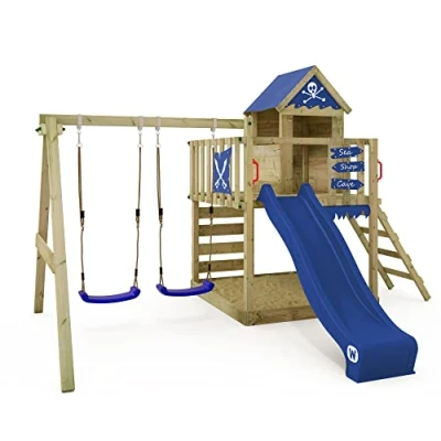 Afbeelding van WICKEY speeltoestel klimtoestel Smart Cave met schommel &amp; blauwe glijbaan, outdoor klimtoren voor kinderen zandbak, ladder speelaccessoires de tuin