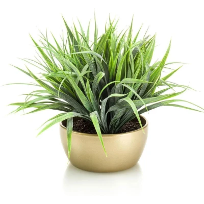 Afbeelding van Kunstplant siergras groen in gouden pot 33 cm