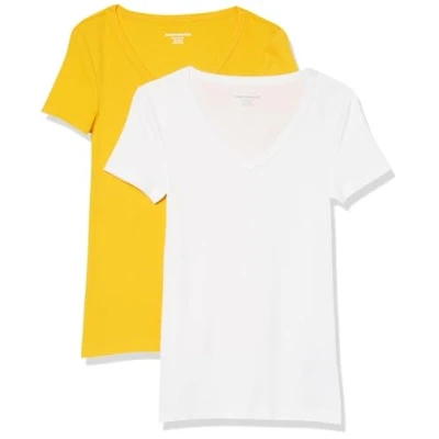 Afbeelding van Amazon Essentials Women&#039;s T shirt met korte mouwen en V hals in slanke pasvorm, Pack of 2, Wit/Goudgeel, S