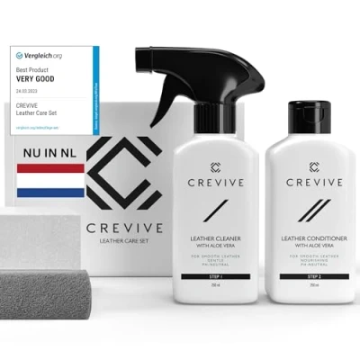 Afbeelding van CREVIVE Leerverzorgingsset incl. leerreiniger en leerlotion met aloë vera + spons doek leerverzorging bank voor lederen auto bank, jas, schoenen,