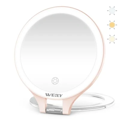 Afbeelding van WEILY Vergrootglas make upspiegel 10X/1X, reisspiegel met licht, dubbelzijdige oplaadbare spiegel 3 kleuren lichten voor up, pincet, mee eters en Come Done verwijderen (roze)