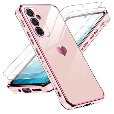 Afbeelding van LeYi Beschermhoesje voor Samsung Galaxy A54 5G, hoes met gehard glas, hartvormig harthoesje, bumper, zacht TPU, dunne camerabescherming, 2 stuks, roze