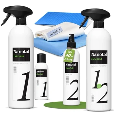 Afbeelding van Professionele nanoversealingsset voor ramen, serre en huishouden, met lotuseffect, bespaart 80% reinigingstijd, reiniger, nano verzegeling microvezeldoeken, nanotol set M (40 m²) + opfrisser 2 in 1