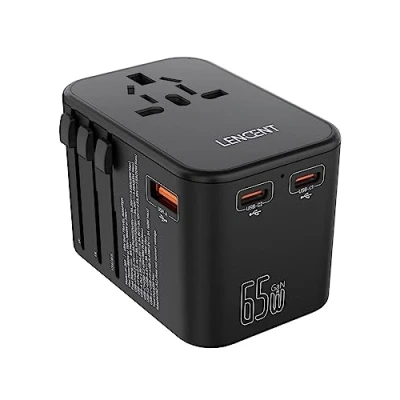 Afbeelding van LENCENT 65W Reisadapter Wereldwijd, GaN3 Snellader Universele Reisstekker met 1 USB 30W &amp; 2 C PD, Alles in één Internationale Stekker voor Telefoon Laptop 200+ Landen EU UK DE VS Type A/C/G/I