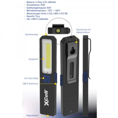 Afbeelding van XCell Worklight SLIM, werklamp met maximaal 200 lumen, magneet, 3 lichtniveaus, USB C oplaadpoort
