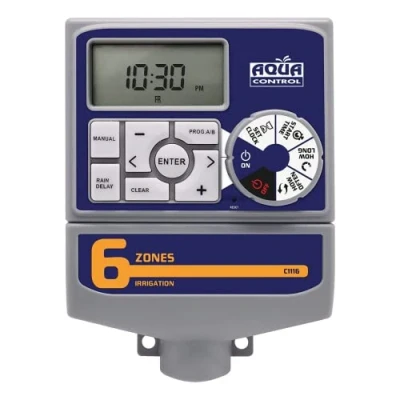 Afbeelding van Aqua Control Automatische tuinirrigatieprogramma programmeer met transformator en LCD display, geschikt voor maximaal 6 irrigatiezones