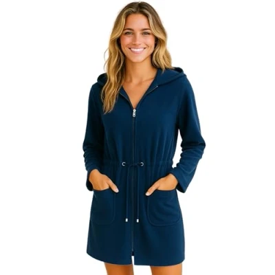 Afbeelding van Morgenstern Badjas dames ritssluiting capuchon badstof licht kort Emily, donkerblauw, XL