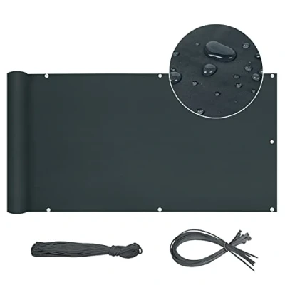 Afbeelding van Sekey Oxford Balkonscherm, inkijkbescherming, balkonafdekking, ondoorzichtig, waterdicht windscherm met ingestanste ringen, nylon kabelbinders en koord, 90 x 600 cm, antraciet