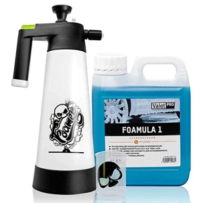 Afbeelding van Nuke Guys Snow Foam reinigingsschuim set: Foamer 2 liter schuimspuit + Valet PRO Foamula 1, 1 maatbeker met 150 ml schaalverdeling en schedel.