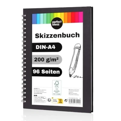 Afbeelding van perfect ideaz DIN A4 schetsboek 96 bladzijden (48 vellen), professionele tekenblok, hardcover in zwart, spiraalband met blanco papier wit, 200 g, leeg Sketch &amp; Black Book om te tekenen