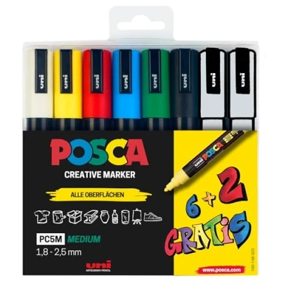 Afbeelding van Faber Castell Uni ball 186826 Posca markerset, 8 delige etui, acrylstiften PC 5M, 1,8 2,5 mm, 6 standaardkleuren + 2 wisselende speciale kleuren
