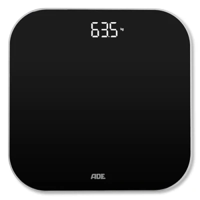 Afbeelding van ADE Digitale personenweegschaal met heldere led display, nauwkeurige personenweegschaal, weegoppervlak van veiligheidsglas, tot 180 kg, zwart, incl. batterijen