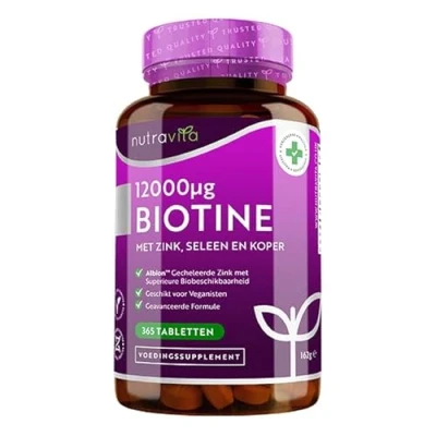 Afbeelding van biotine haargroei supplement 12000mcg met zink, selenium en koper Hoge Dosering Vegan tabletten ondersteunt de haar , huid nagelgroei jaarvoorraad 365 Nutravita