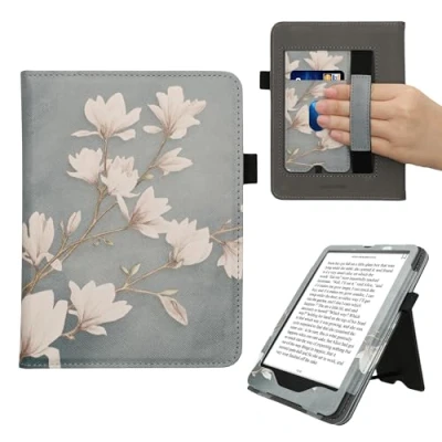 Afbeelding van kwmobile E reader hoesje geschikt voor Amazon Kindle Paperwhite (12. Gen 2024) / Colorsoft hoes flip case van kunstleer Ereader cover met stand Magnolia design in taupe wit blauwgrijs