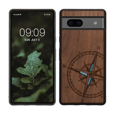 Afbeelding van kwmobile telefoonhoesje geschikt voorGoogle Pixel 7a Hoesje met bumper hout In donkerbruin Parelmoer kompas design