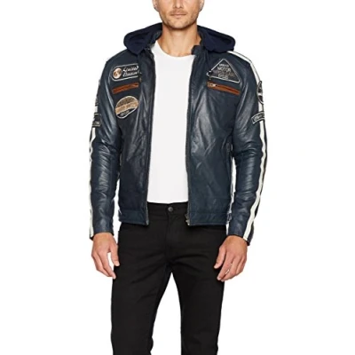 Afbeelding van Urban Leather &#039;58 Gents&#039; Motorjas voor heren, van leer, met beschermers rug, schouders en ellebogen, CE gecertificeerd, marineblauw, L