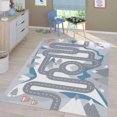 Afbeelding van Vloerkleed Kinderkamer Meisjes Jongens Antislip Modern Straat Autos, Kleur: Crème, Maat:140x200 cm