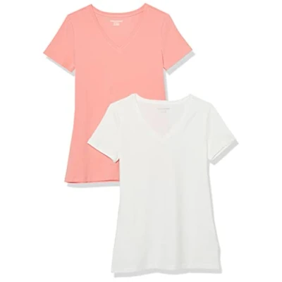 Afbeelding van Amazon Essentials Women&#039;s T shirt met korte mouwen en V hals in klassieke pasvorm, Pack of 2, Perzik/Wit, XL