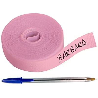 Afbeelding van Rol opstrijkbaar lint 3 meter x 1 cm. Stoffen etiketten om de naam met een pen op te schrijven en kleding strijken. Ideaal voor tehuizen scholen. Inclusief pen. (Roze)