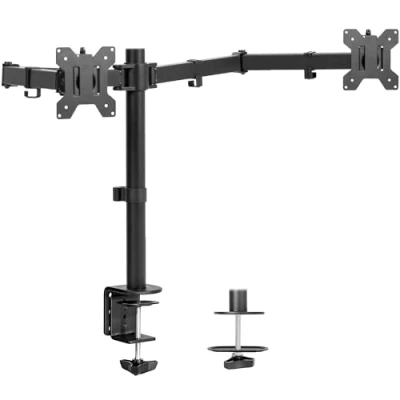 Afbeelding van VIVO Dubbele ultrabrede monitor bureaubevestiging, zwaar belastbare, volledig verstelbare stalen standaard, geschikt voor 2 computerschermen tot 38 inch en elk max. 10 kg, zwart, STAND V038