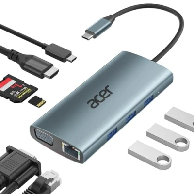 Afbeelding van Acer USB C hub met 4k HDMI, 9 in 1 naar Ethernet adapter, 5 Gbps A 3.1 dockingstation, PD 100 W opladen, SD kaartlezer, VGA splitter voor MacBook, Acer, laptops, Surface en meer