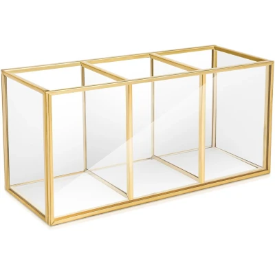 Afbeelding van MAGIIN Retro Deco Sieradendoos Metaal Goud Messing Kleur Transparant Glas 3 Compartimenten Scandinavische Stijl Vintage Sieraden Opbergdoos Make up Sieradenbakje Cosmetische Tray Voor Dressoir, Badkamer