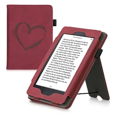 Afbeelding van kwmobile E reader hoesje geschikt voor Amazon Kindle Paperwhite hoes flip case van kunstleer Ereader cover met stand Brushed Hart design in donkerrood