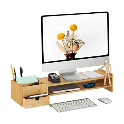 Afbeelding van Relaxdays monitorstandaard monitorverhoger bureau bamboe beeldschermverhoger lades