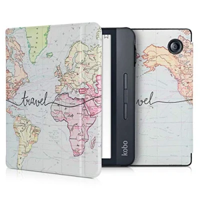 Afbeelding van kwmobile e reader hoesje compatibel met Kobo Libra H2O Magneetsluiting Ereader case Travel Wereldkaart in zwart/meerkleurig
