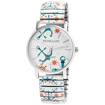Afbeelding van Excellanc Dameshorloge roestvrij staal Ø 36 mm motief kleurrijke print analoog kwarts 1700060, wit lichtblauw, armband