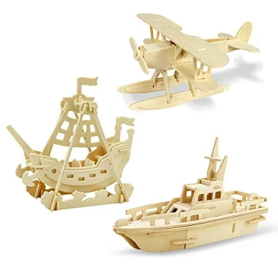 Afbeelding van Georgie Porgy Woodcraft Bouw kits 3D Houten Puzzel Jigsaw Model Voor Kids Toy Leeftijd 5+ Pakket Van 3 (Watervliegtuig Swing Boat Reddingsboot)