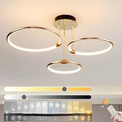 Afbeelding van YYUTLUO LED Plafondlamp, Ø56cm Gouden Metalen Cirkel Kroonluchter, 60W Traploos Dimbaar 3000 6000K, Moderne Ronde Gegalvaniseerde Hanger, Slaapkamer Wonen Kinderen Kantoor Studeerkeuken Hal (3 Ringen)