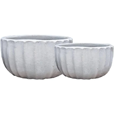 Afbeelding van PTMD Rae White ceramic pot ribbed round set of 2