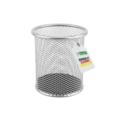 Afbeelding van D.RECT 110484 Metalen pennenkoker, pennenhouder rond van draadmetaal, mesh multifunctionele beker voor balpen Ø91 mm zilverkleuren