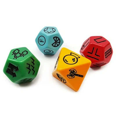 Afbeelding van Bescon&#039;s Dungeon and Wilderness Terrain, Feature Treasure Type Dice Set, 4 piece Proprietary Polyhedral RPG Red, Green, Yellow with Black print