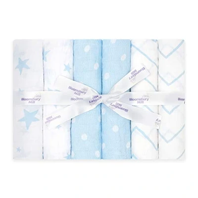 Afbeelding van Bloomsbury Mill Set van 6 vierkante chiffon voor baby&#039;s 100% puur biologisch katoen sterren, visgraat en stippen 70 cm x blauw wit