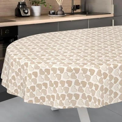 Afbeelding van ANRO Afwasbaar tafelzeil, tuintafelkleed, voor binnen en buiten, ovaal, met snijrand, hart, 200 x 140 cm, beige