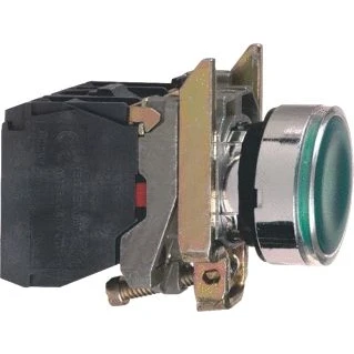 Afbeelding van SCHNEIDER ELECTRIC XB4 COMPLETE VERLICHTE PULSDRUKKNOP VOOR GLOEILAMP BA9S 0 250V VLAKKE LENS KLEUR GROEN CONTACT 1M+1V CHROOM