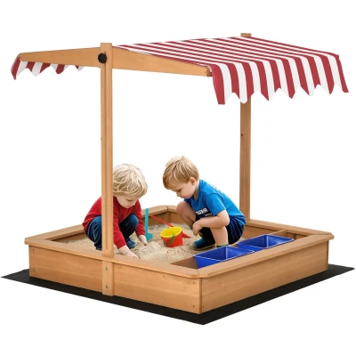 Afbeelding van Outsunny zandbak Houten Vloerloos ontwerp met in hoogte verstelbaar dak Moddergebied voor kinderen van 3 7 jaar Geel 107,5 x 110 cm