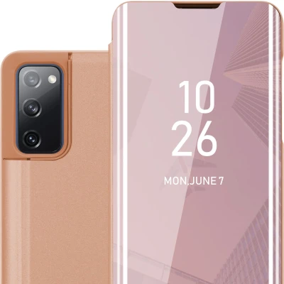 Afbeelding van Cadorabo Hoesje geschikt voor Samsung Galaxy S20 FE in KUNZIET ROZE Clear View Spiegel Beschermende Case met Tribunefunctie 360 Graden Bescherming Book Cover Etui
