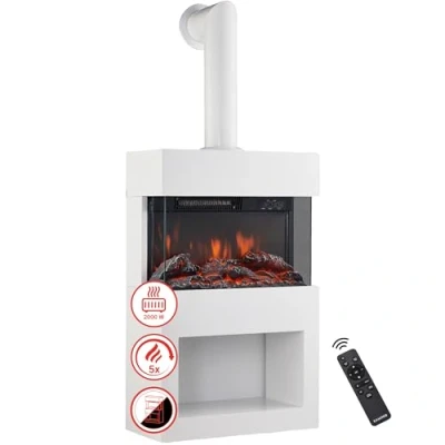 Afbeelding van KAMINIO Elektrische haard HENRI met rookafvoerbuis houtkachel verwarming, 3D vlameffect, houtopslag, afstandsbediening Wit