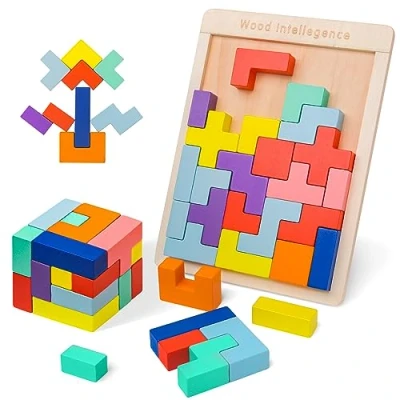 Afbeelding van VORHOT 3D puzzel Tetris spel voor kinderen, houten met 30 stuks intelligentie, kleurrijke bouwstenen, Montessori speelgoed, hersenspeelgoed vanaf 3, 4, 5 jaar, educatief cadeau