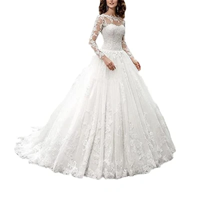 Afbeelding van yhfshop Floor Lengte bruidsmeisje Jurken, 2021 nieuwe lange mouwen kant trailing bruids bruiloft jurk off white_42, partij