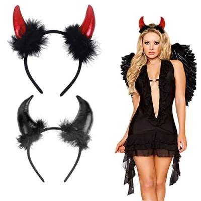 Afbeelding van AOMAIGAD 2 stuks duivelshoorns haarband, pluche in zwart rood duivelshoorns, carnaval Halloween party kostuum haaraccessoires hoofdband hoofddeksels hoorns