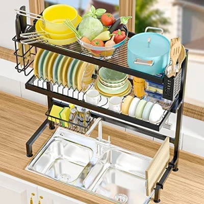 Afbeelding van Serviesafdruiprek boven gootsteen, 3 niveaus afdruiprek, roestvrij lekbak, keukenorganizer met bestekhouder, snijplankhouder, messenblok, zwart, lengte 64 cm